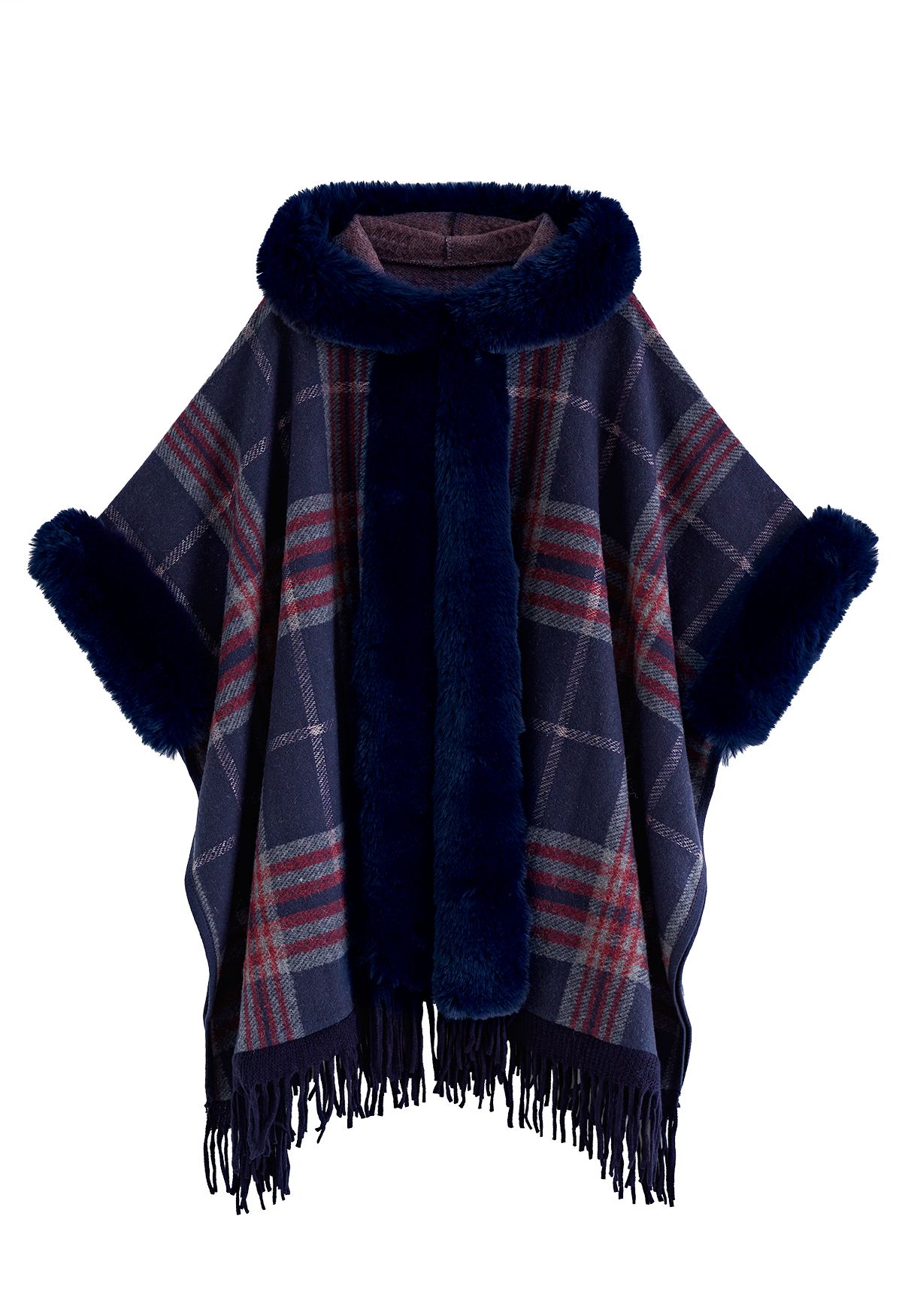 Plaid Fringe Faux Fur Hooded Poncho in Navy