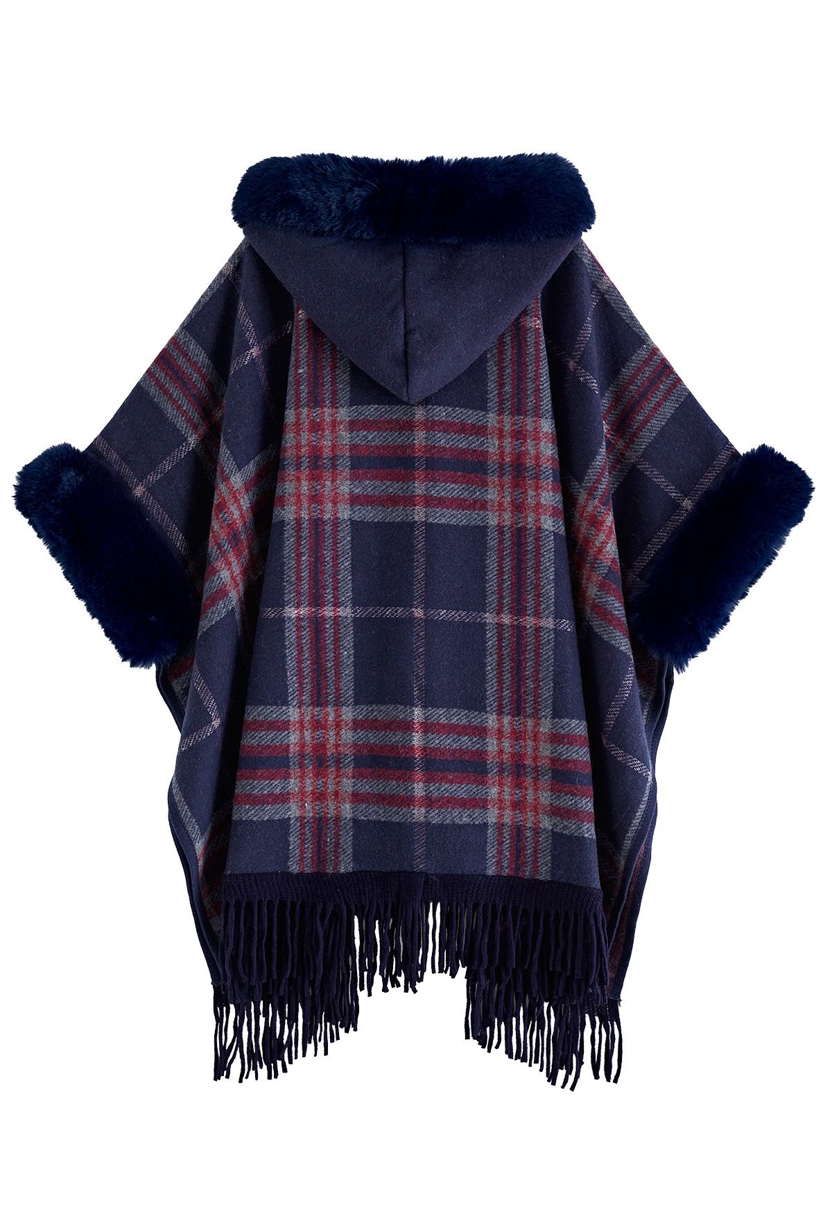 Plaid Fringe Faux Fur Hooded Poncho in Navy