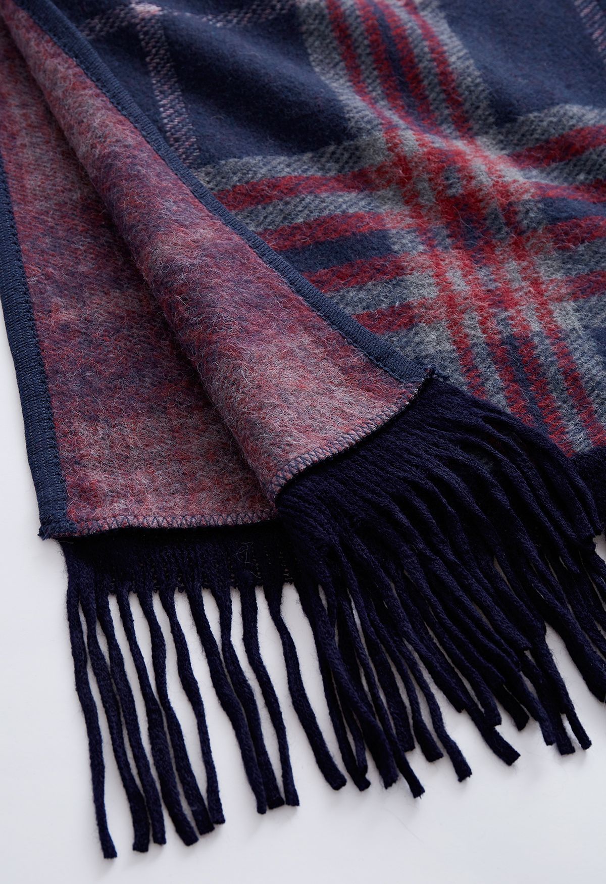 Plaid Fringe Faux Fur Hooded Poncho in Navy