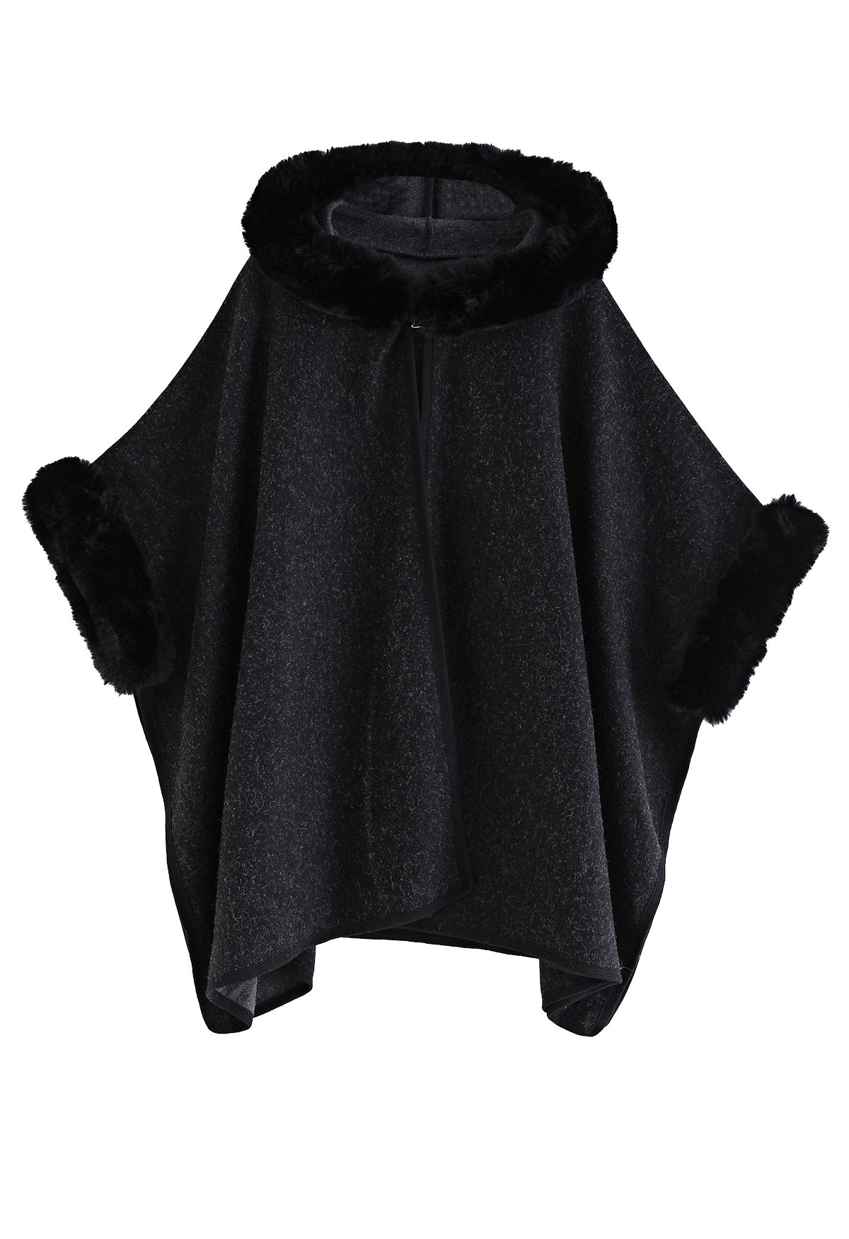 Cozy Faux Fur Hooded Poncho in Black