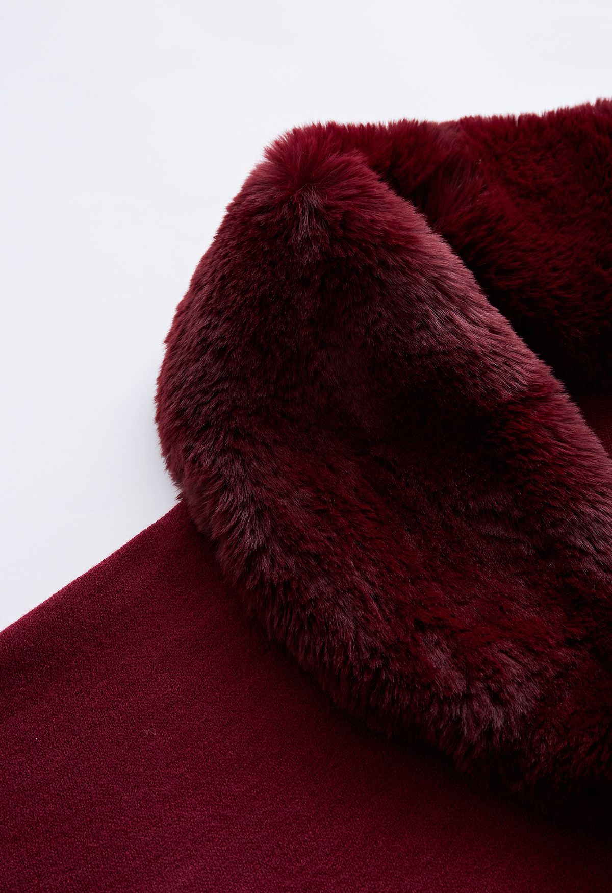 Faux Fur Collar Pom-Pom Trim Poncho in Burgundy