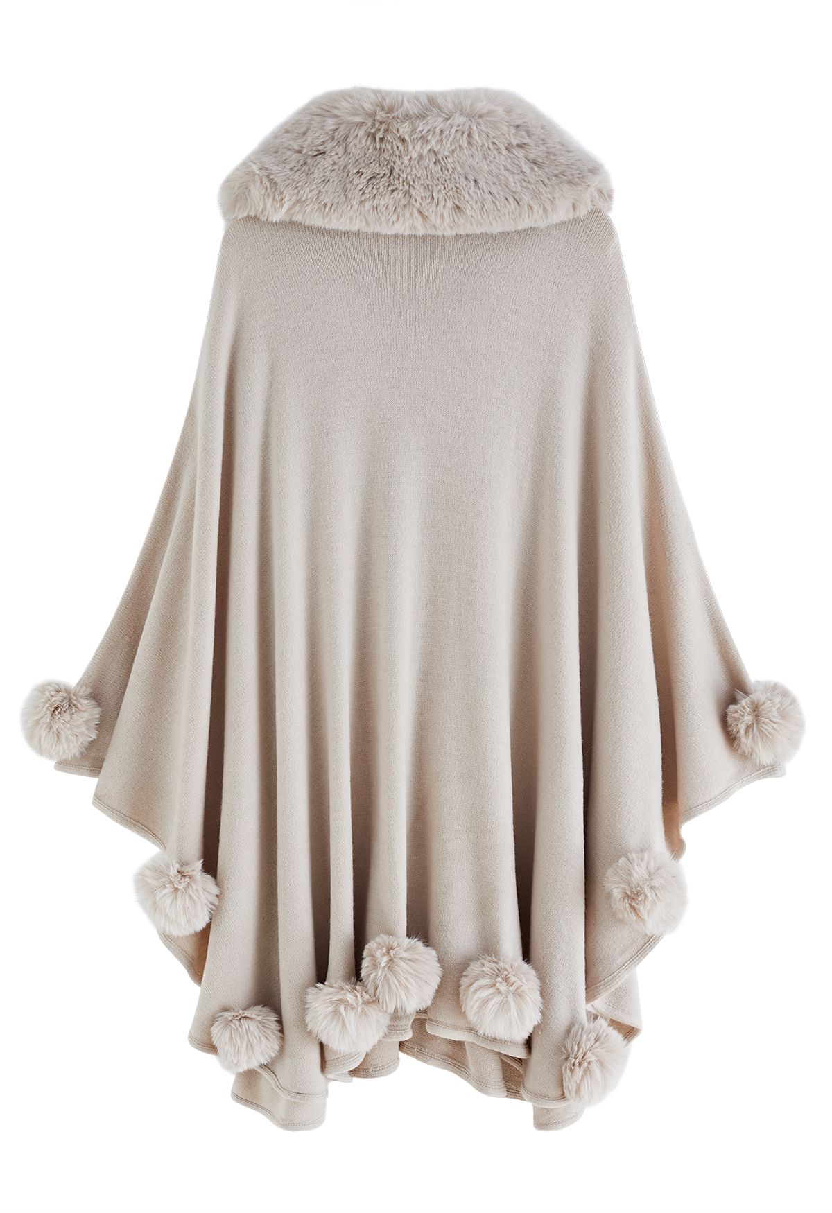 Faux Fur Collar Pom-Pom Trim Poncho in Ivory