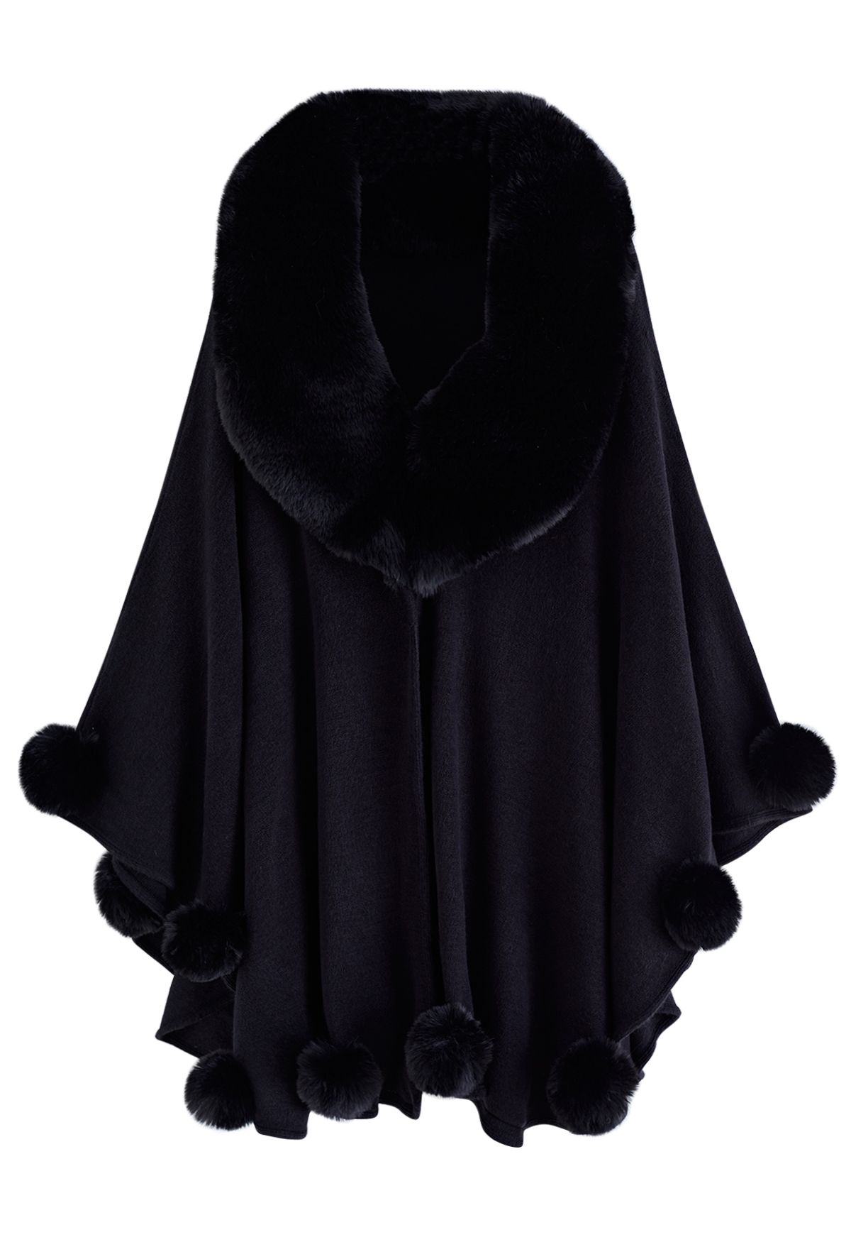 Faux Fur Collar Pom-Pom Trim Poncho in Black