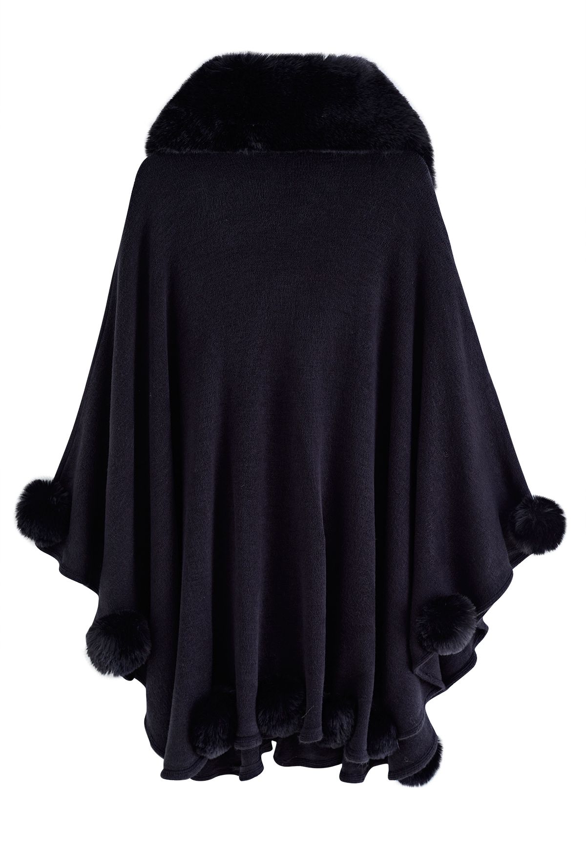 Faux Fur Collar Pom-Pom Trim Poncho in Black