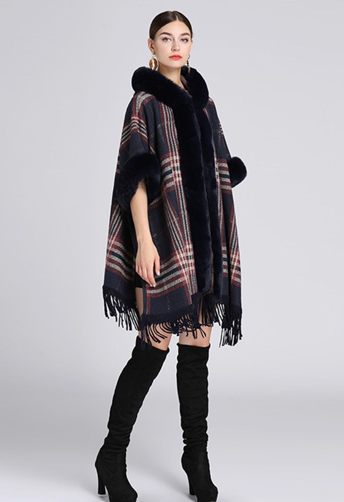 Plaid Fringe Faux Fur Hooded Poncho in Navy