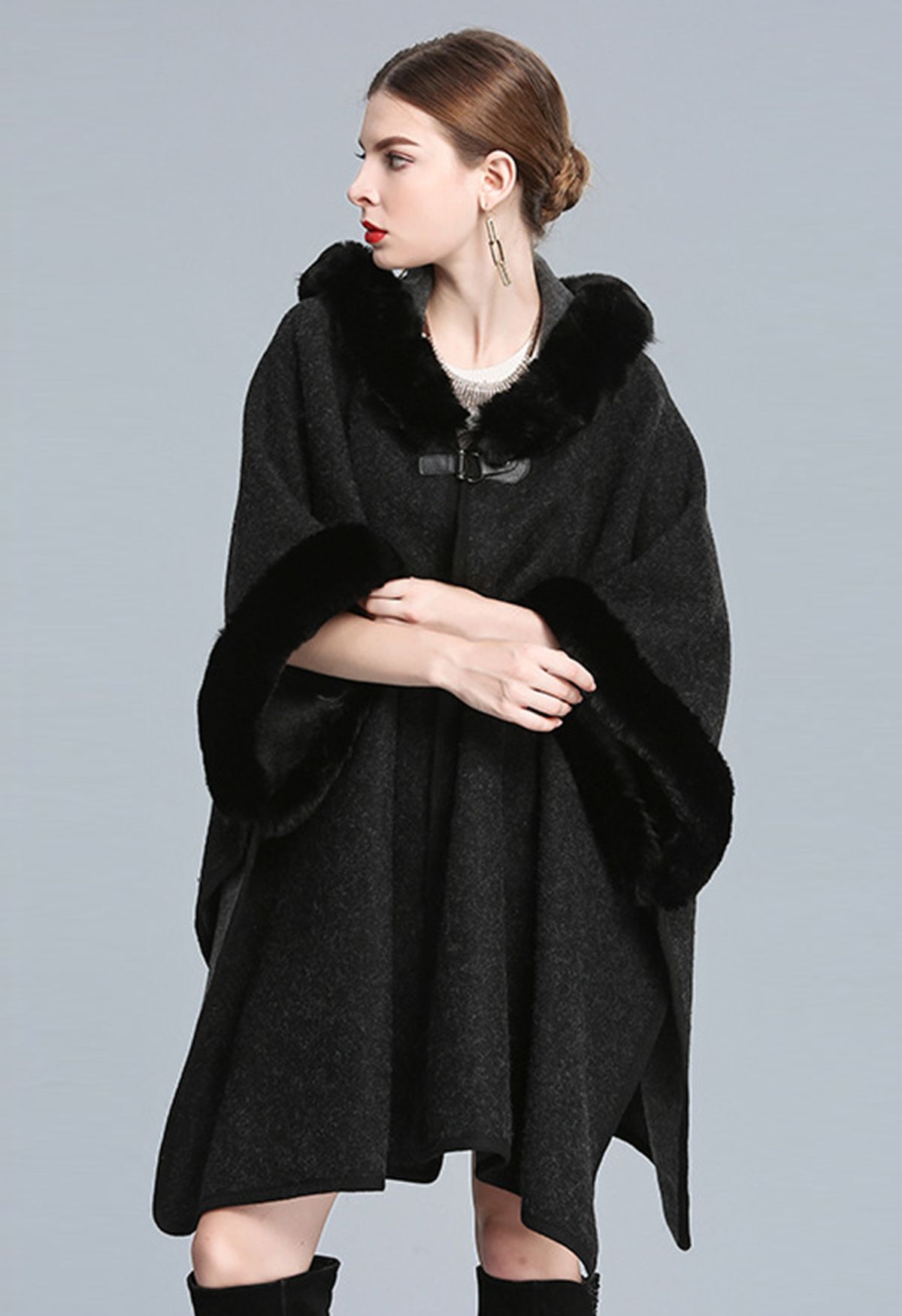 Cozy Faux Fur Hooded Poncho in Black