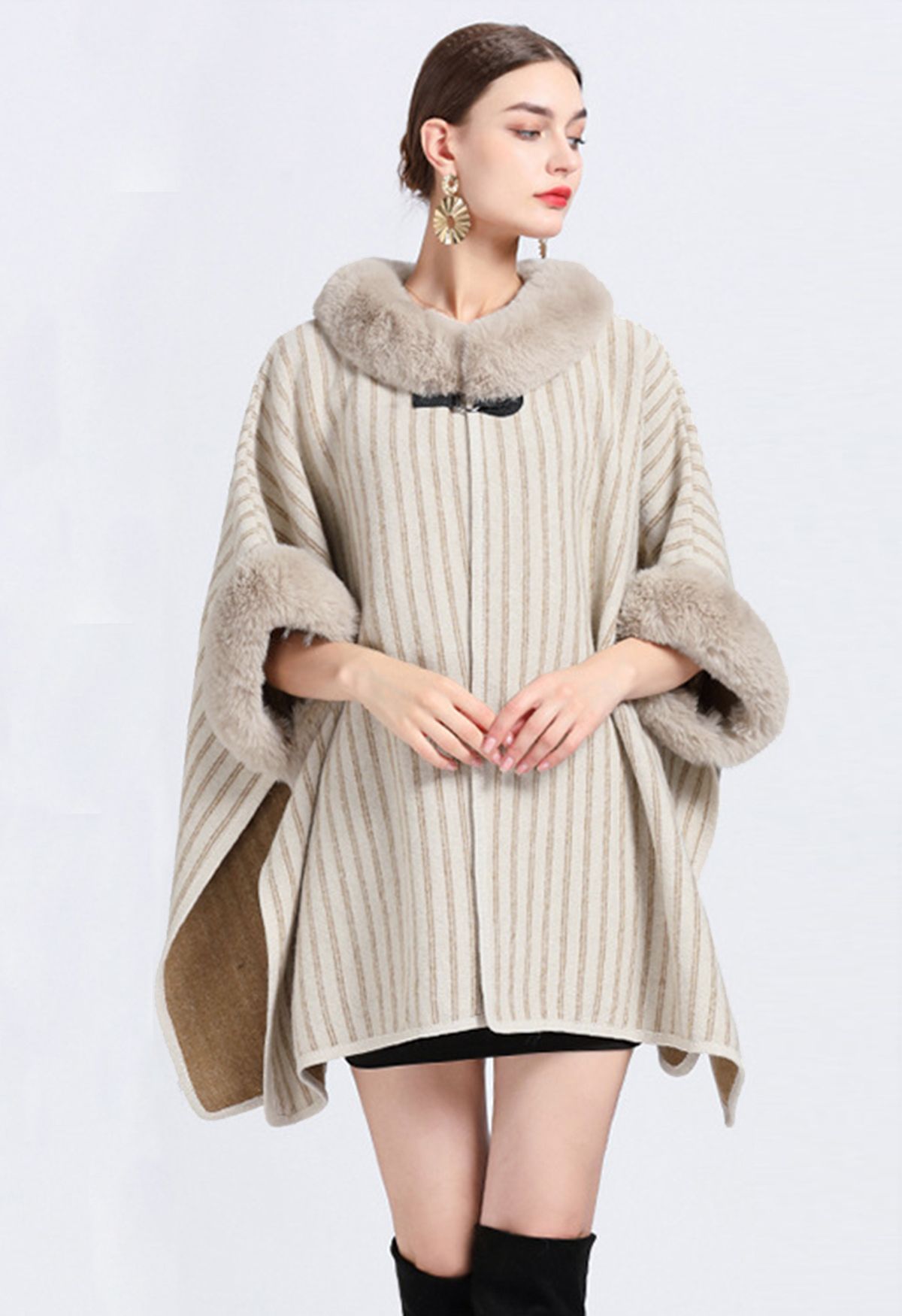 Vertical Striped Faux Fur Poncho