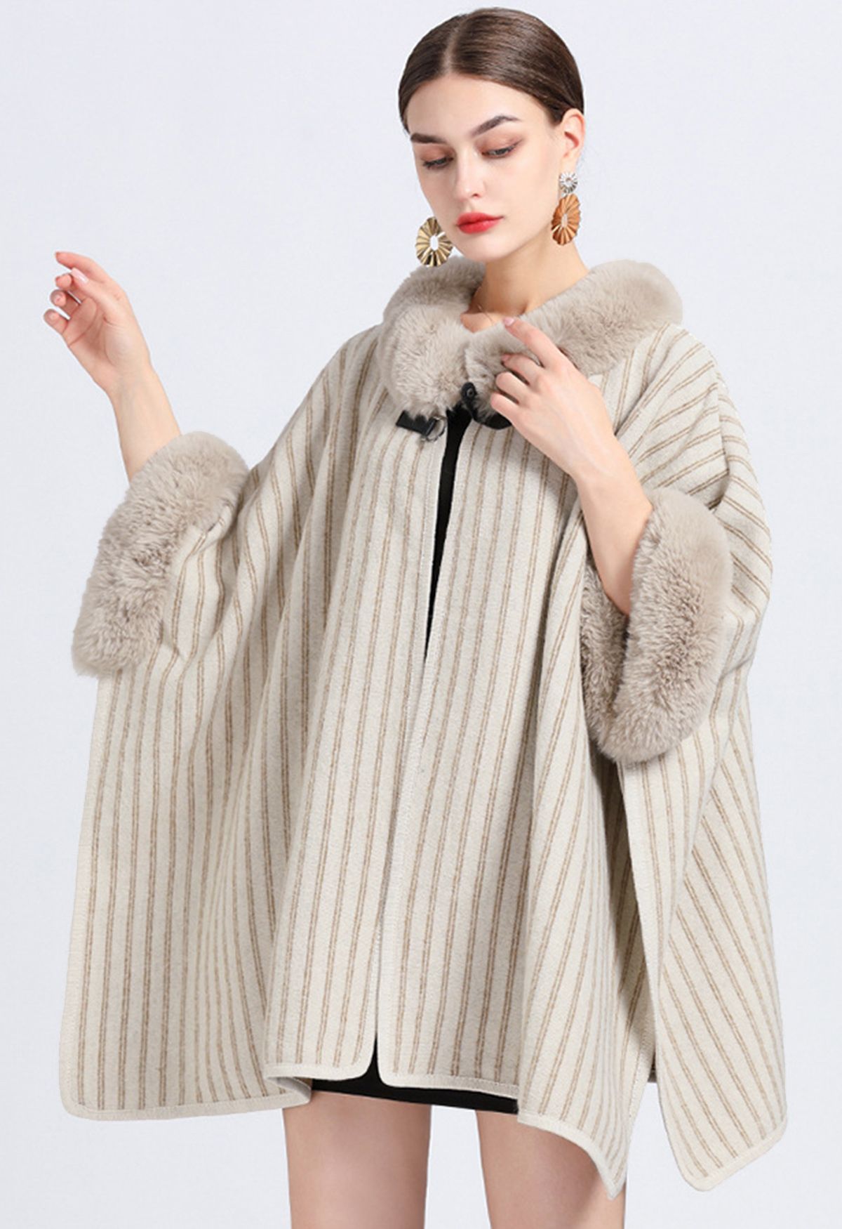 Vertical Striped Faux Fur Poncho