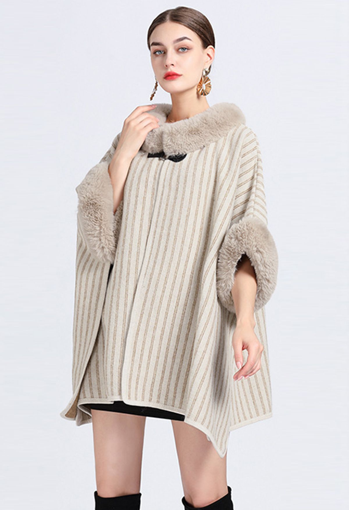 Vertical Striped Faux Fur Poncho