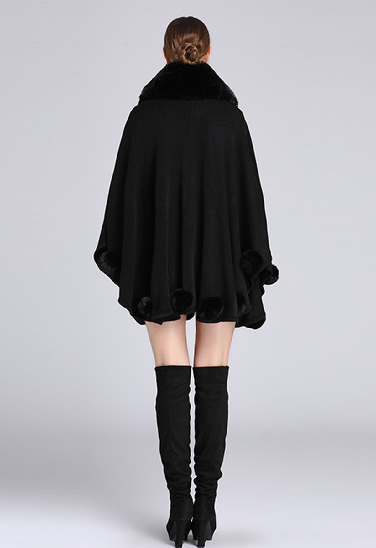 Faux Fur Collar Pom-Pom Trim Poncho in Black