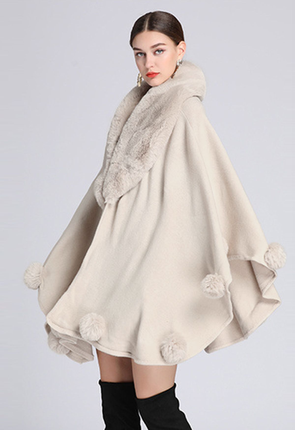 Faux Fur Collar Pom-Pom Trim Poncho in Ivory