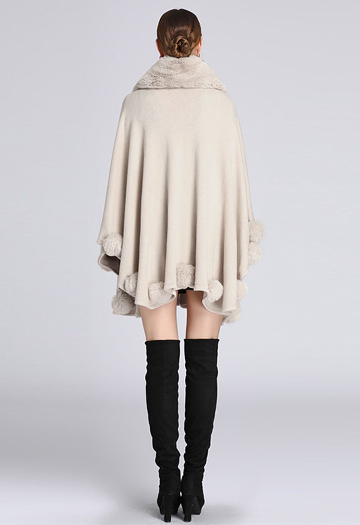 Faux Fur Collar Pom-Pom Trim Poncho in Ivory