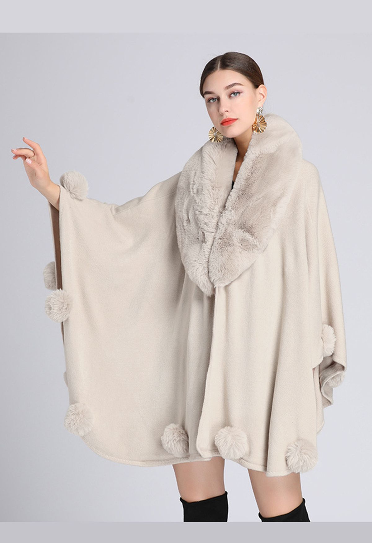 Faux Fur Collar Pom-Pom Trim Poncho in Ivory