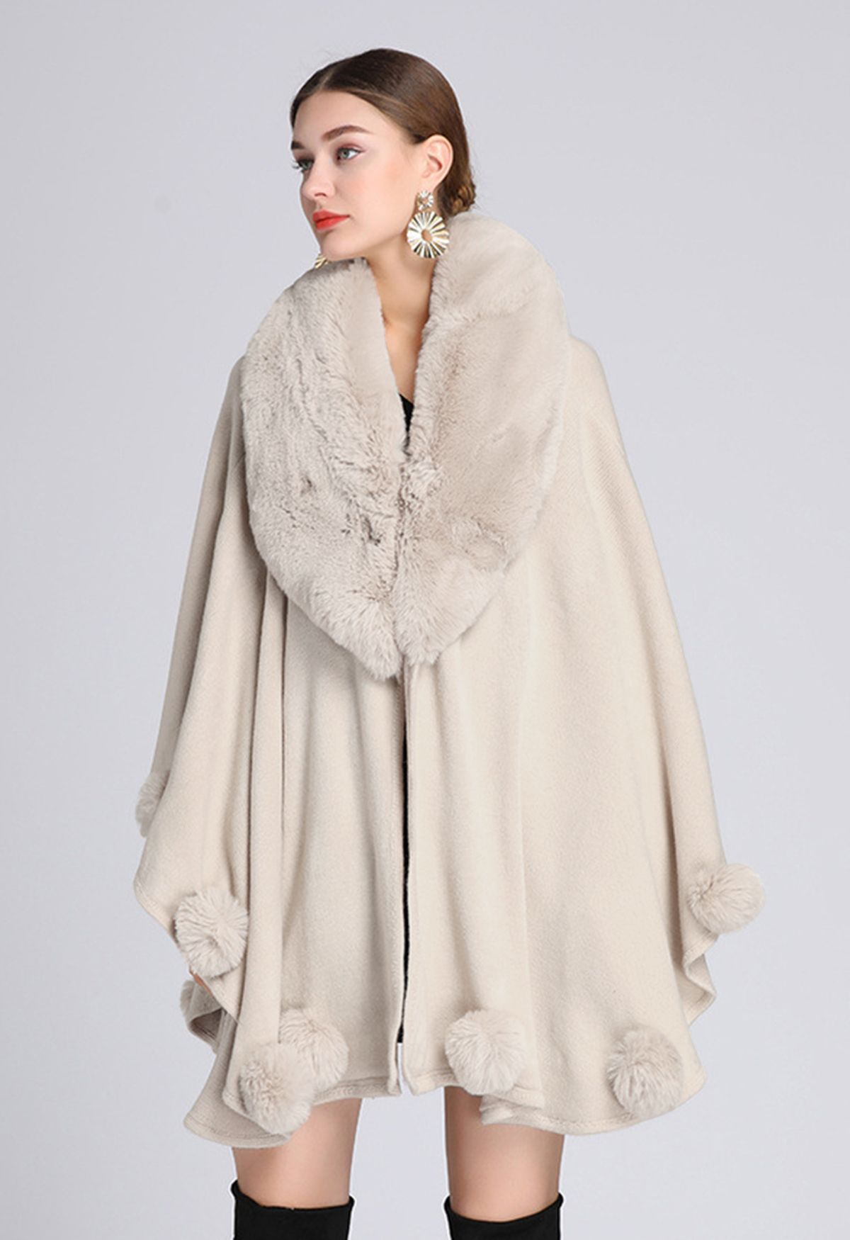 Faux Fur Collar Pom-Pom Trim Poncho in Ivory