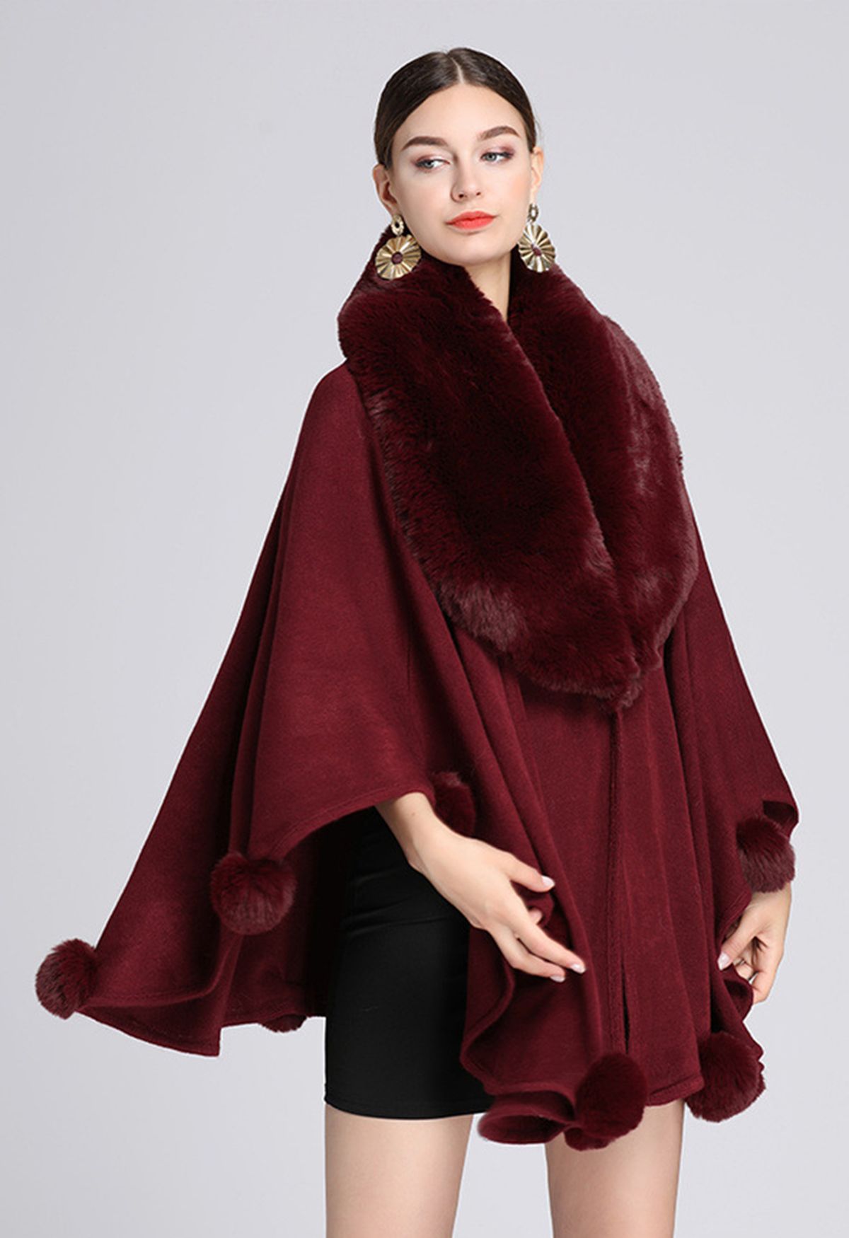 Faux Fur Collar Pom-Pom Trim Poncho in Burgundy