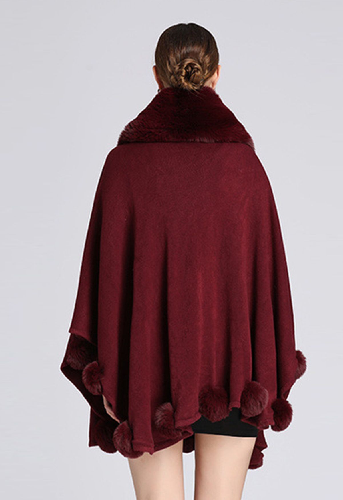 Faux Fur Collar Pom-Pom Trim Poncho in Burgundy