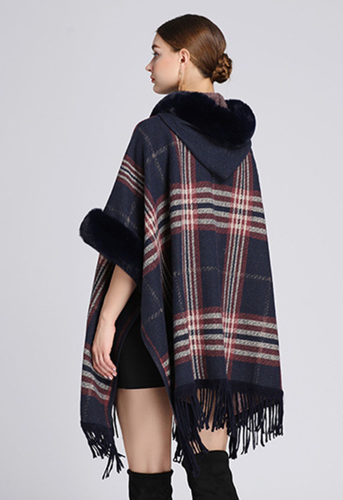 Plaid Fringe Faux Fur Hooded Poncho in Navy