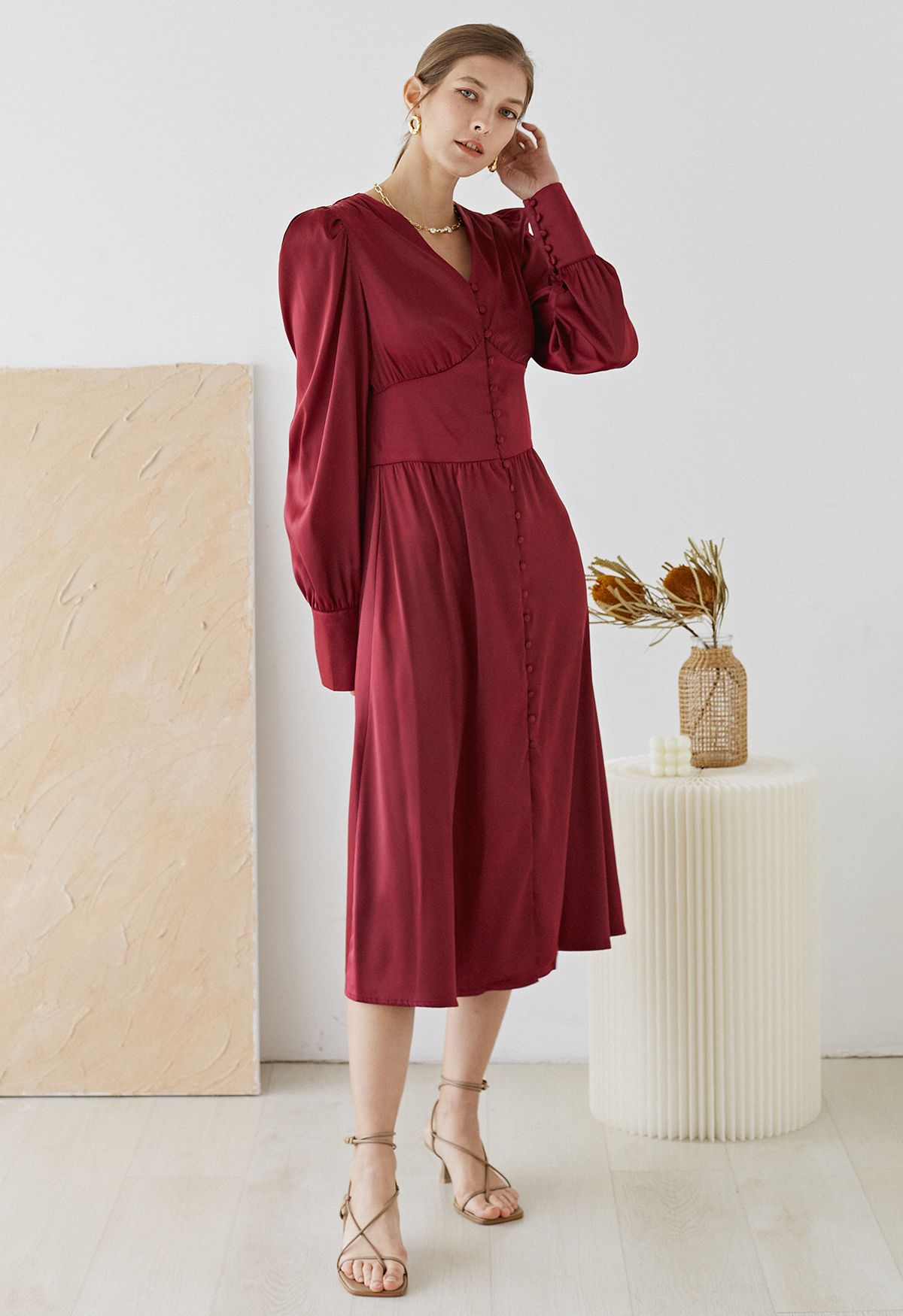 Puff Sleeves Button Up Satin Midi Dress in Burgundy