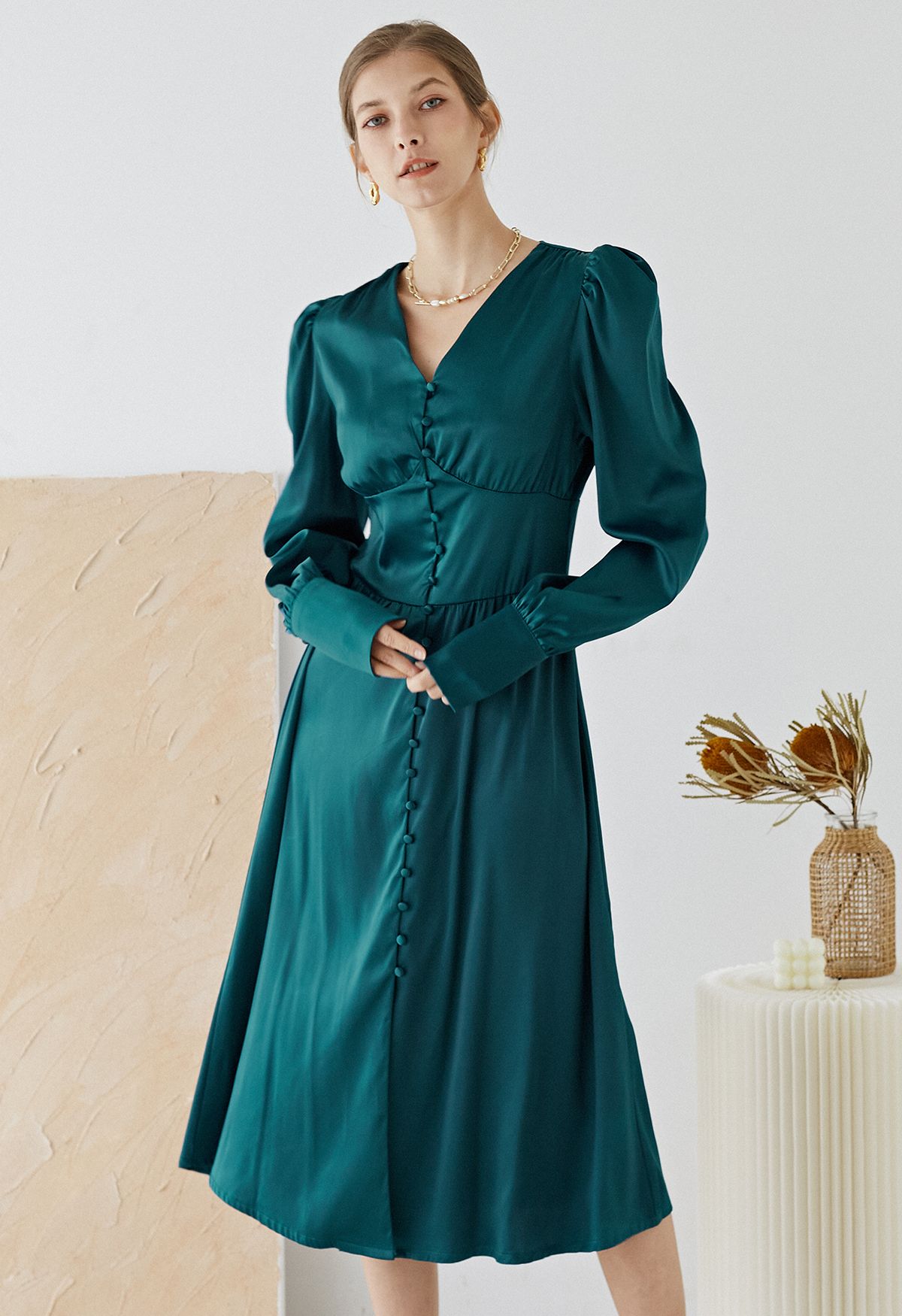 Puff Sleeves Button Up Satin Midi Dress in Emerald