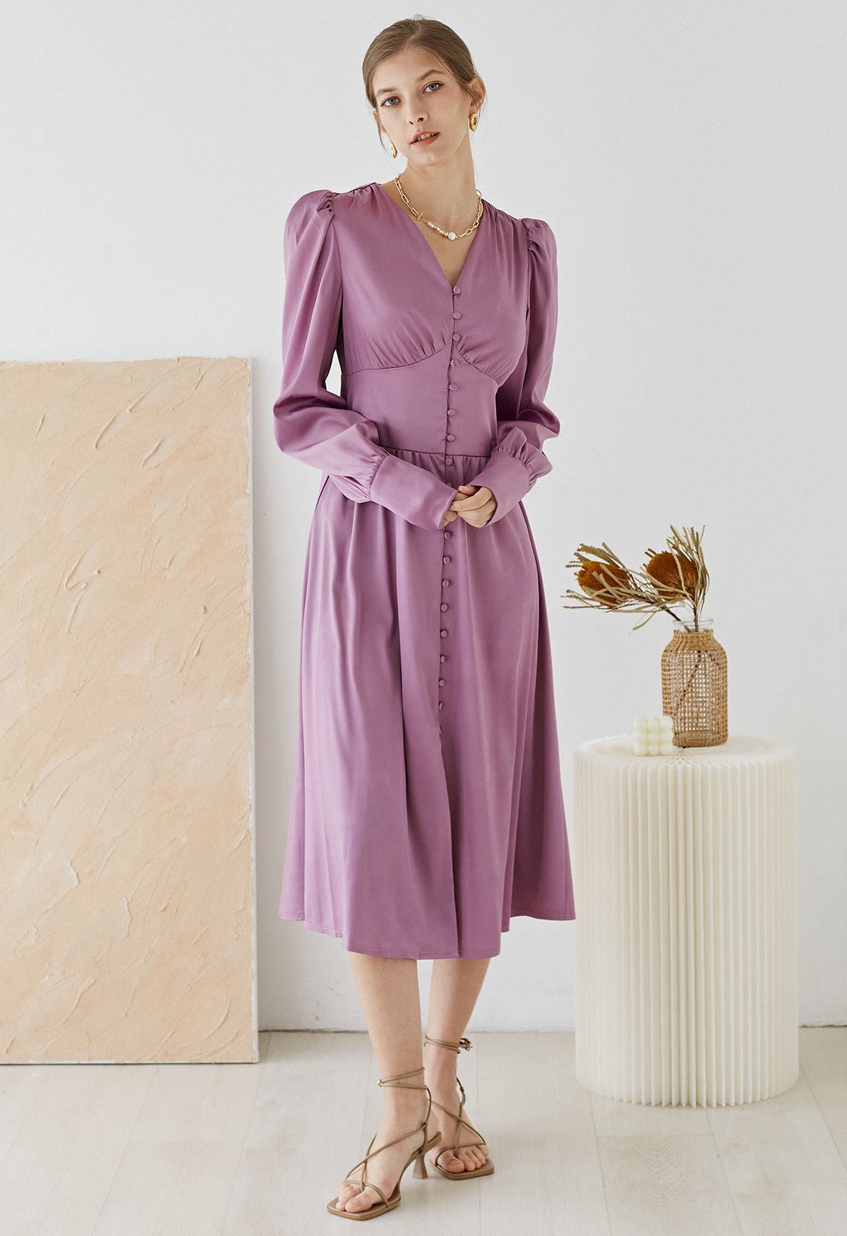 Puff Sleeves Button Up Satin Midi Dress in Lilac