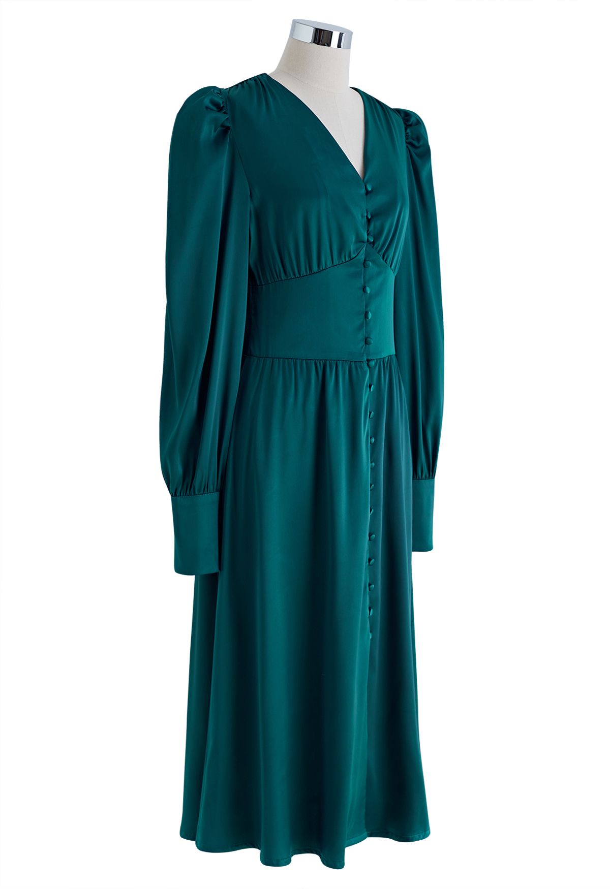 Puff Sleeves Button Up Satin Midi Dress in Emerald