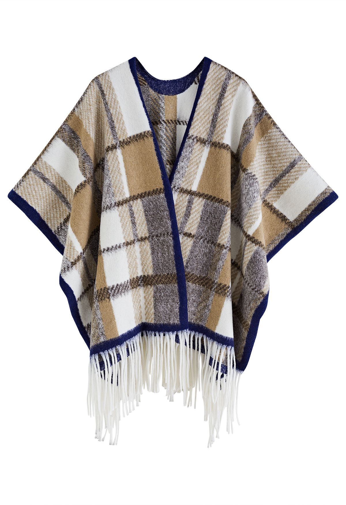 Plaid Jacquard Fringe Poncho in Tan