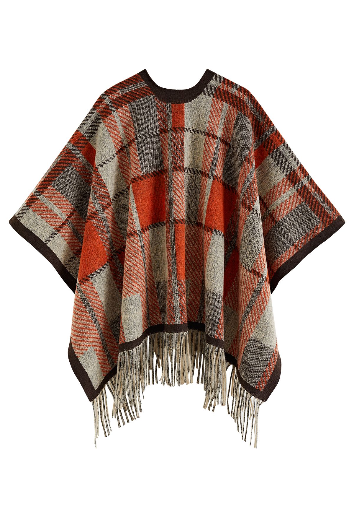 Plaid Jacquard Fringe Poncho in Orange