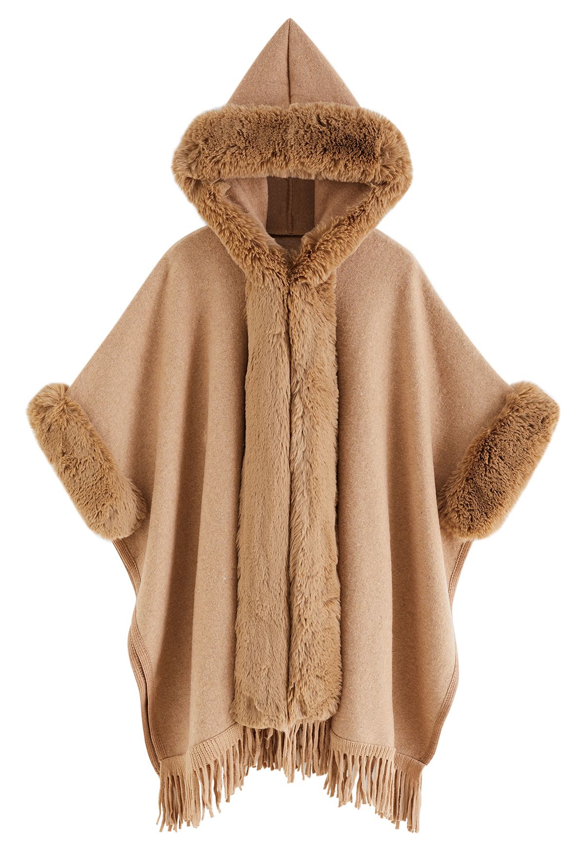 Fringe Faux Fur Hooded Poncho in Tan