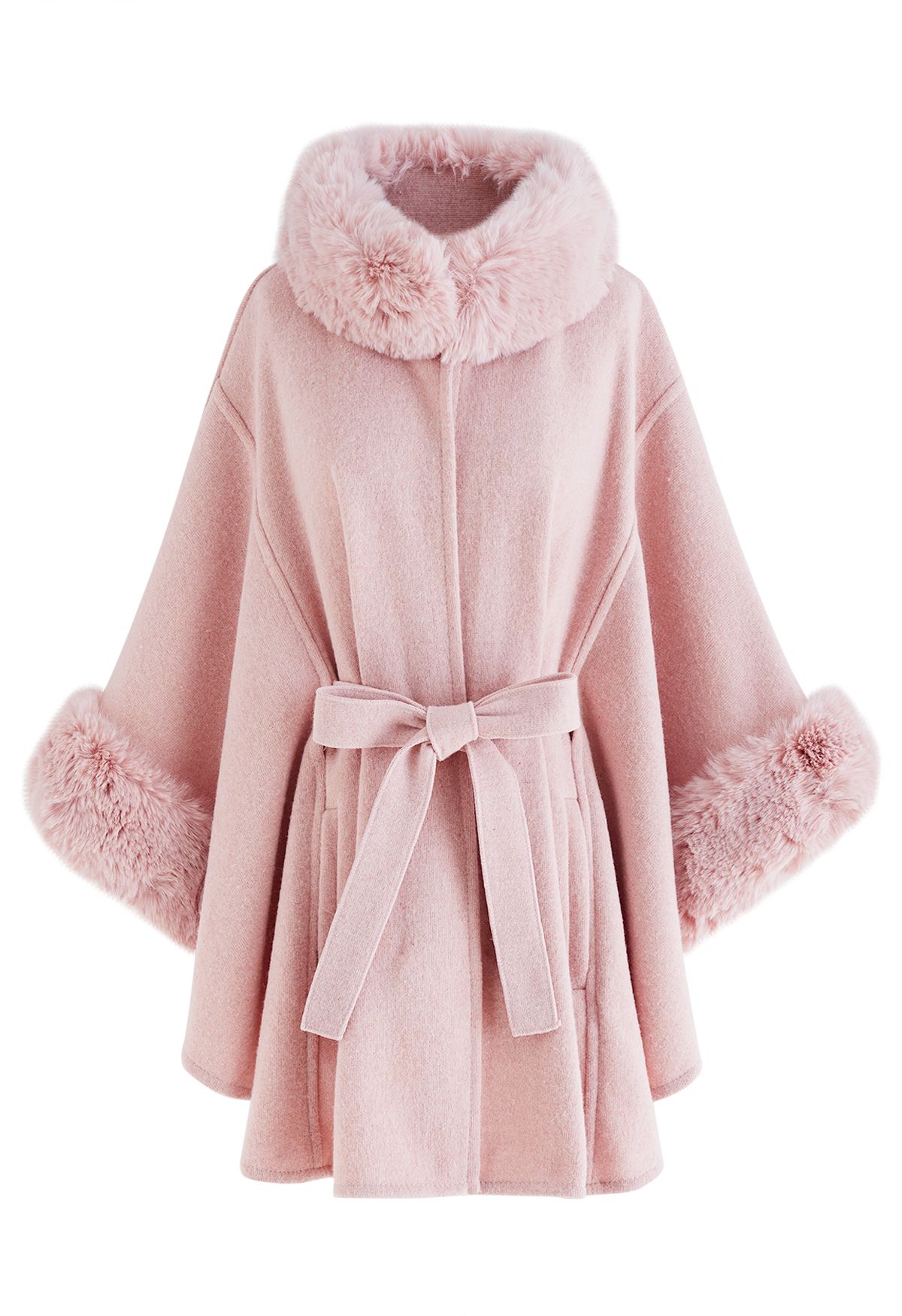 Self-Tie Bowknot Faux Fur Poncho in Pink