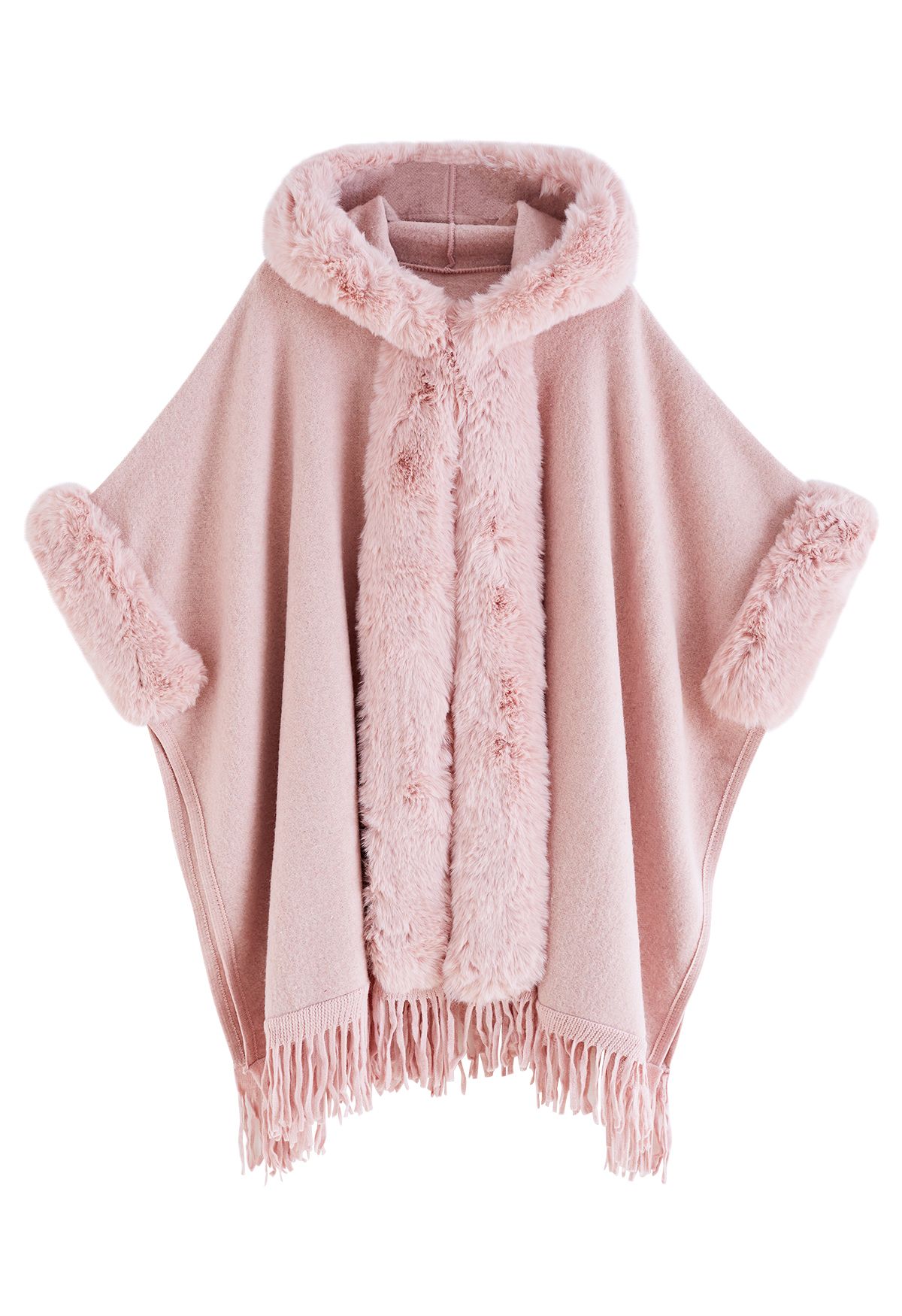 Fringe Faux Fur Hooded Poncho in Pink