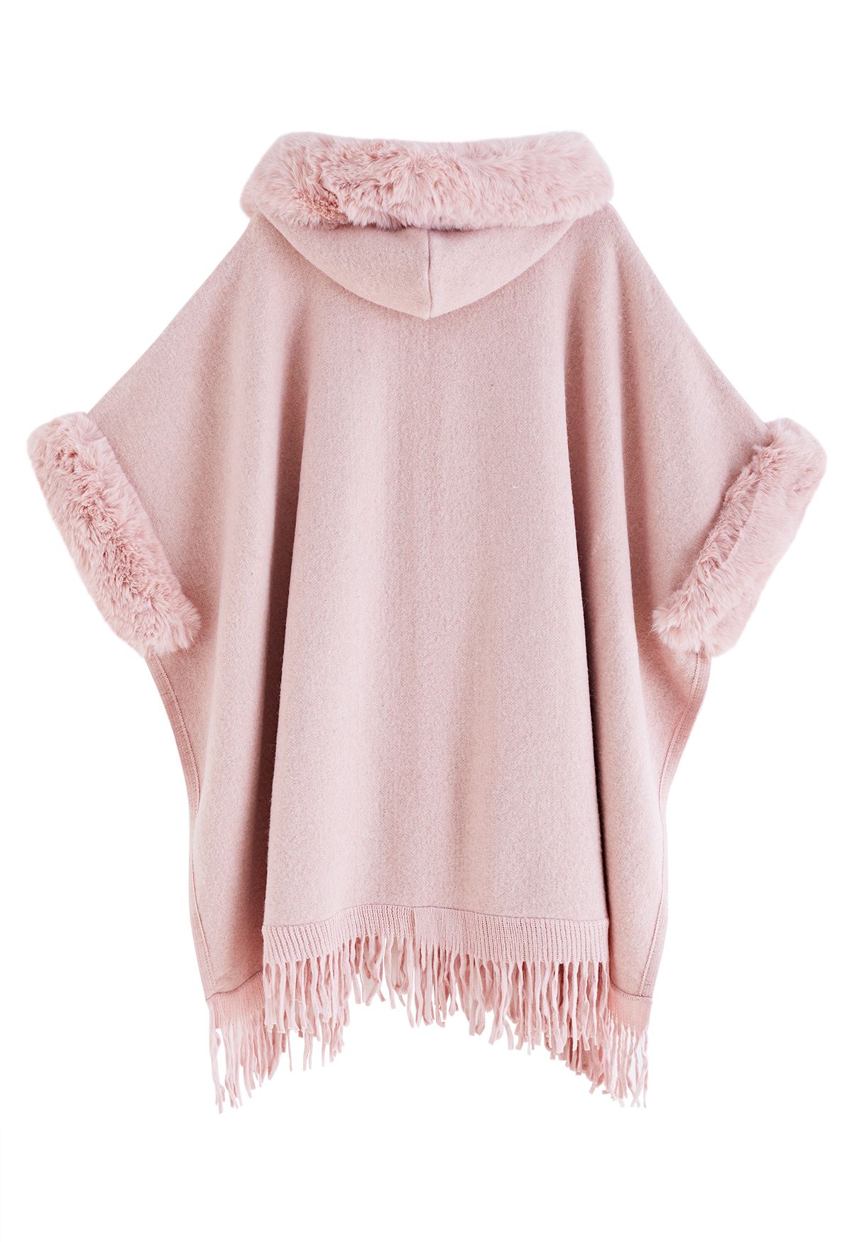 Fringe Faux Fur Hooded Poncho in Pink