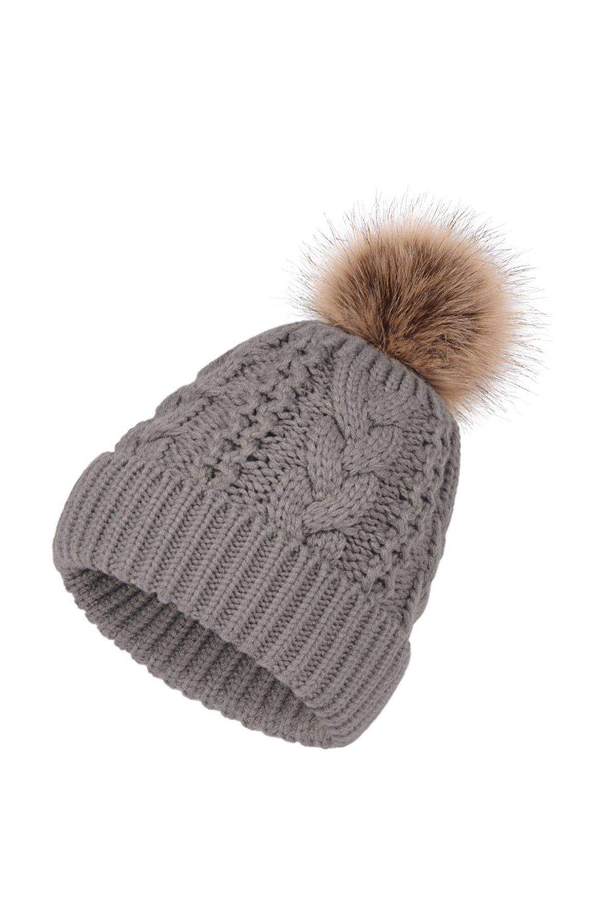 Pom-Pom Trim Braided Knit Beanie Hat in Smoke