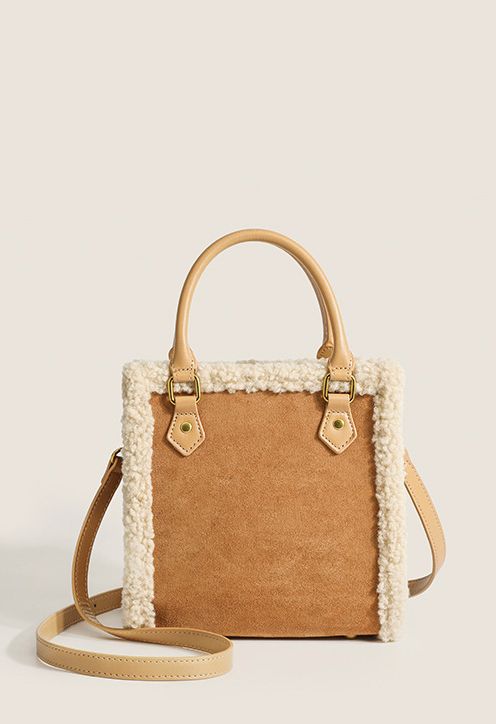 Contrast Lambswool Trim Shoulder Bag in Caramel