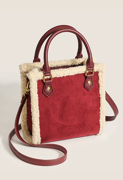 Contrast Lambswool Trim Shoulder Bag in Burgundy