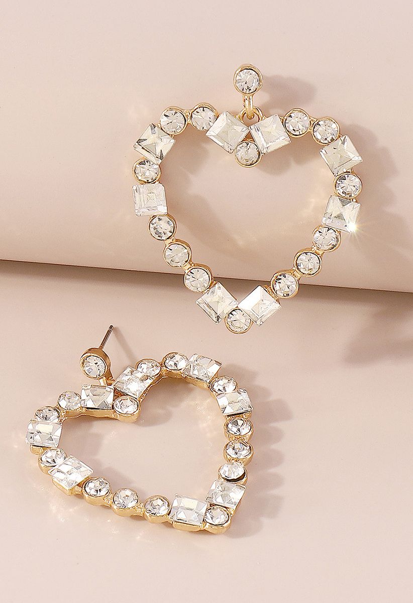 Hollow Out Heart Rhinestone Earrings