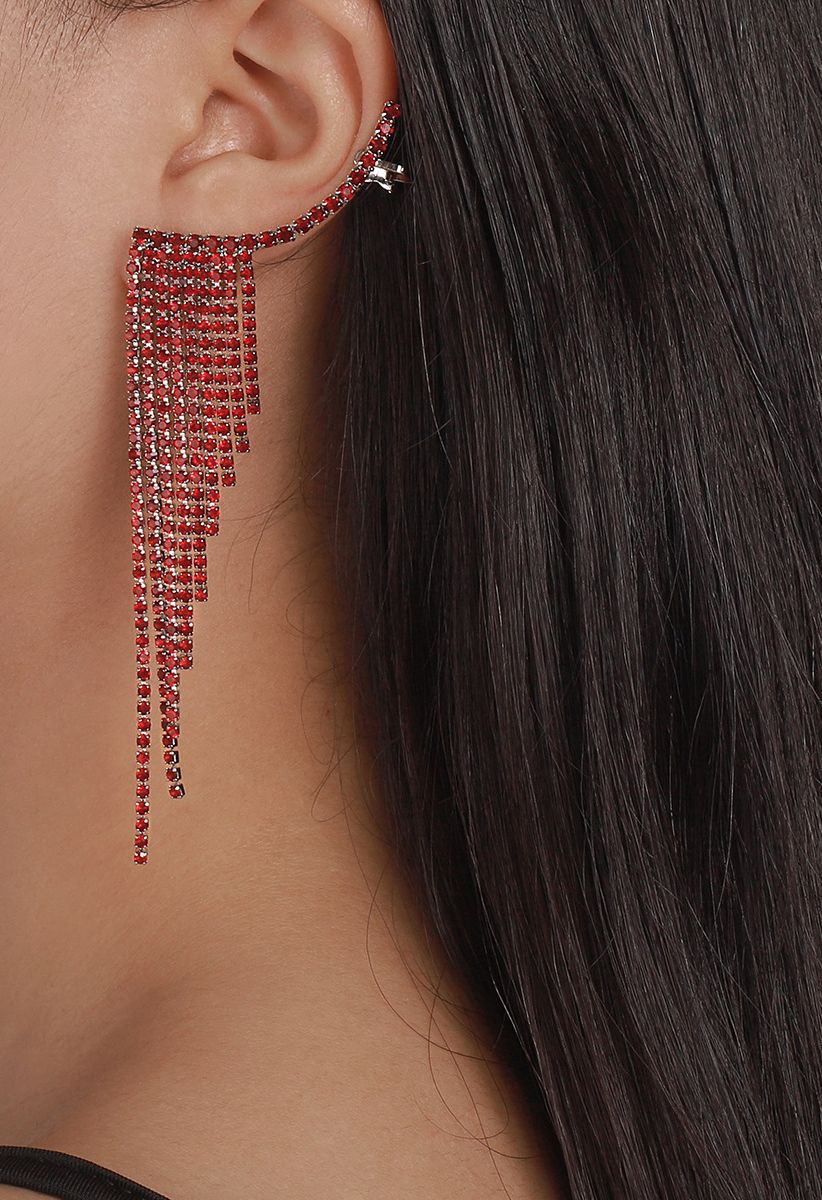 Glittering Wing Tassel Drop Earrings in Red