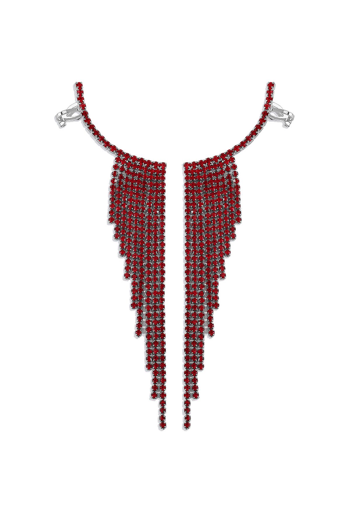 Glittering Wing Tassel Drop Earrings in Red