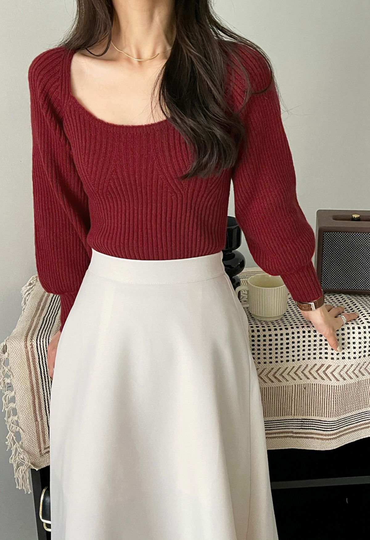 Wide Round Neck Rib Knit Top in Burgundy