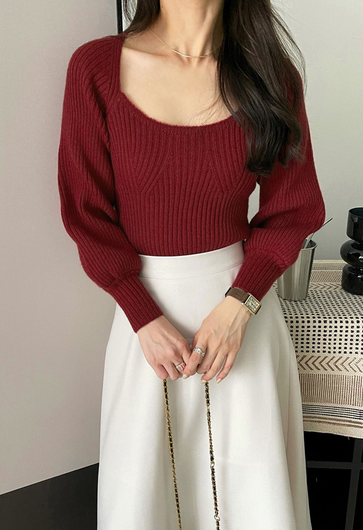 Wide Round Neck Rib Knit Top in Burgundy