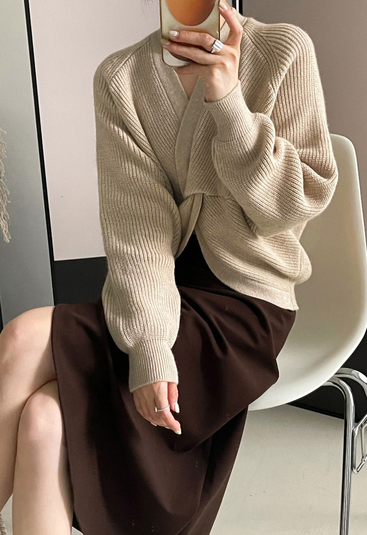 Twist Front Solid Color Sweater in Light Tan