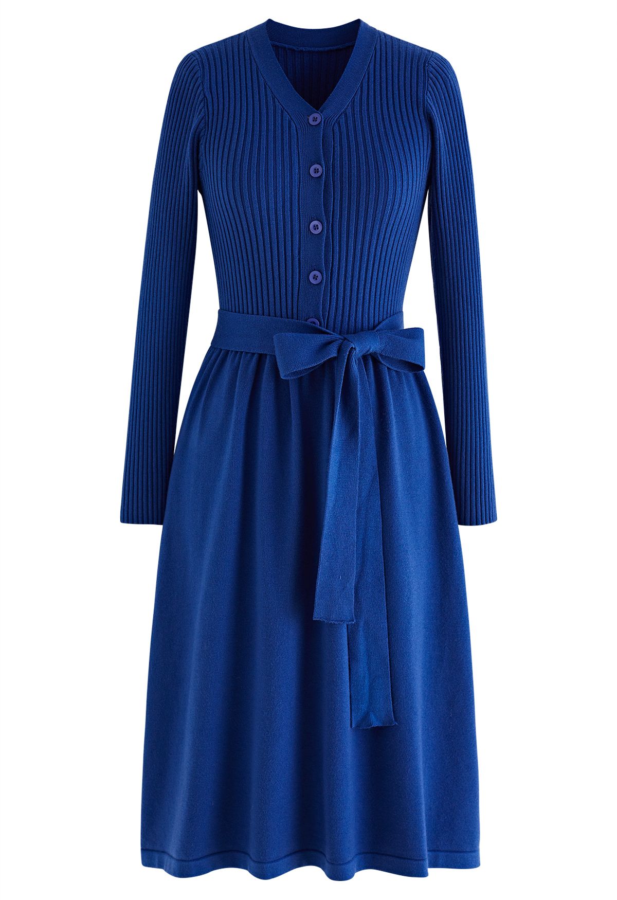 V-Neck Bowknot Waist Buttoned Knit Dress in Indigo