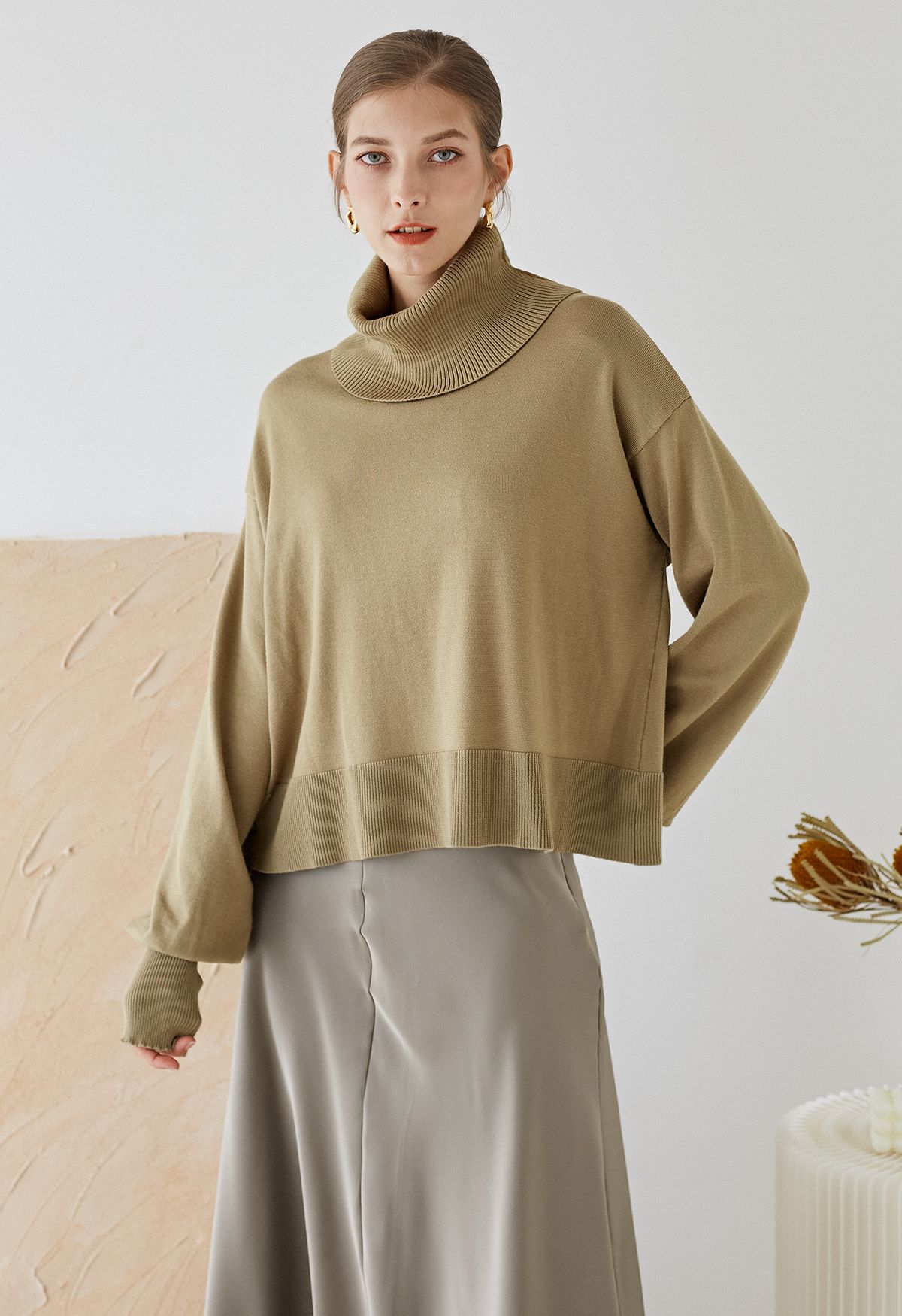 Turtleneck Side Buttons Slouchy Knit Top in Khaki