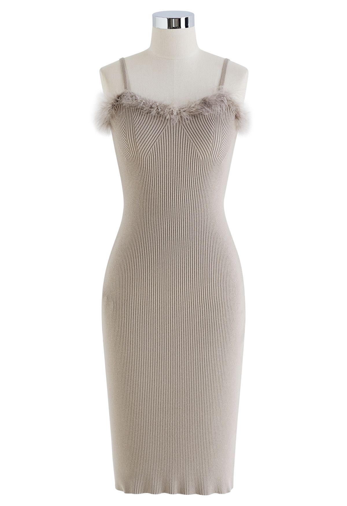 Feathered Ribbed Knit Twinset Dress in Taupe