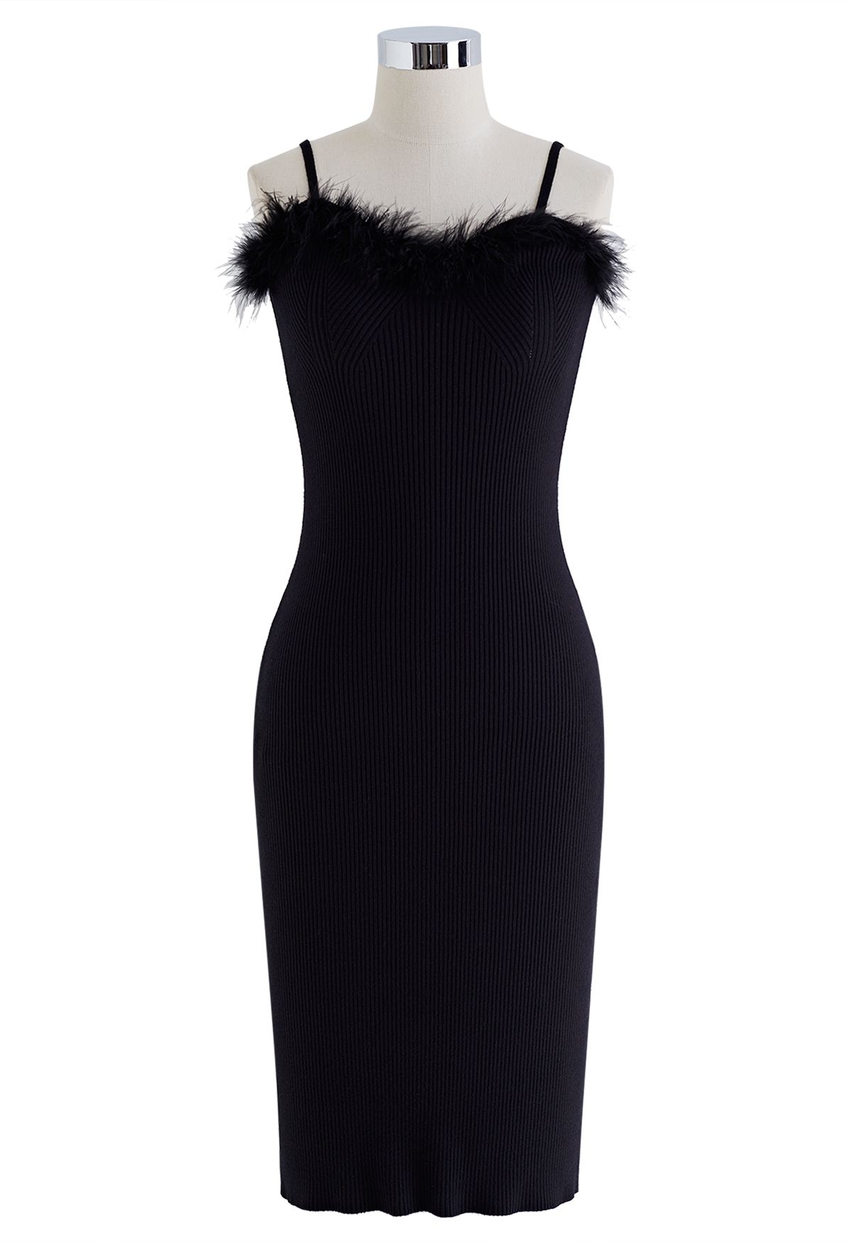 Feathered Ribbed Knit Twinset Dress in Black