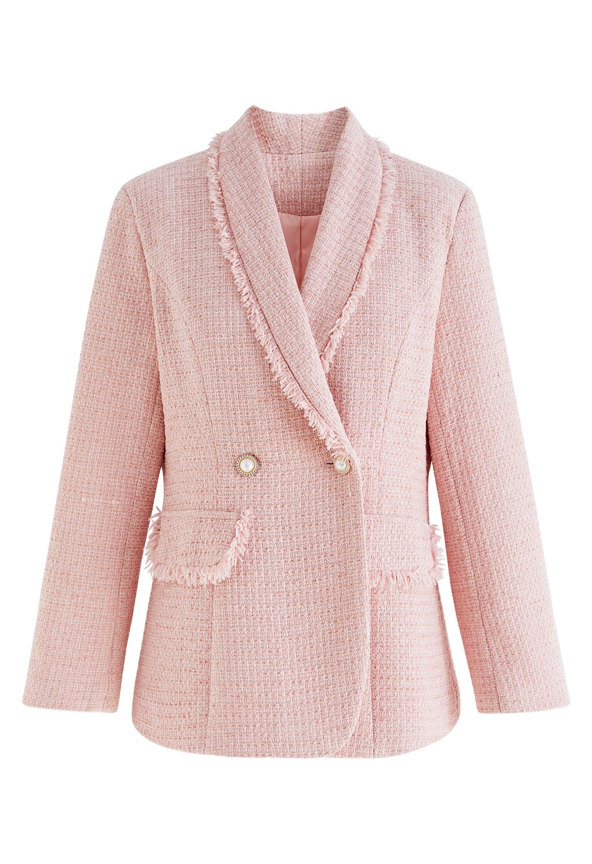 Shawl Collar Fringed Edge Tweed Blazer in Pink