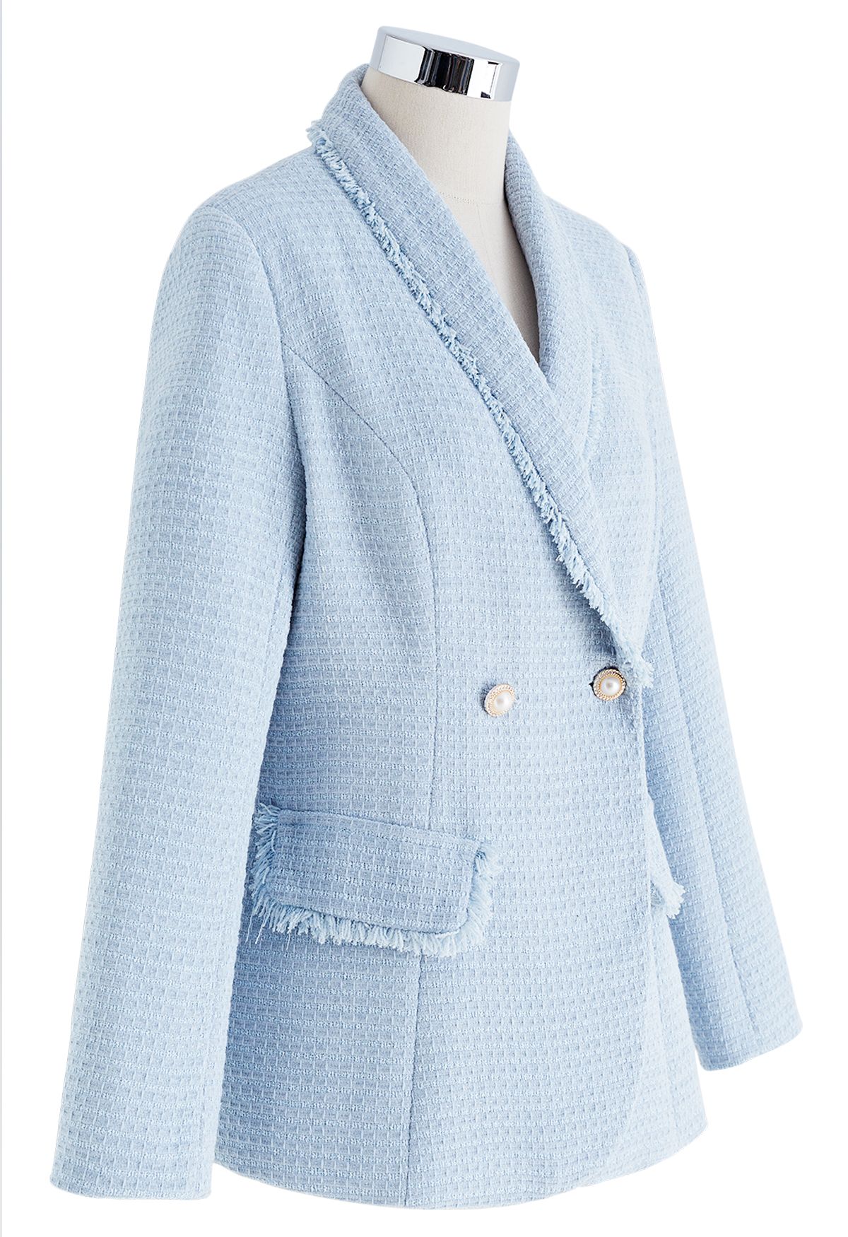 Shawl Collar Fringed Edge Tweed Blazer in Baby Blue