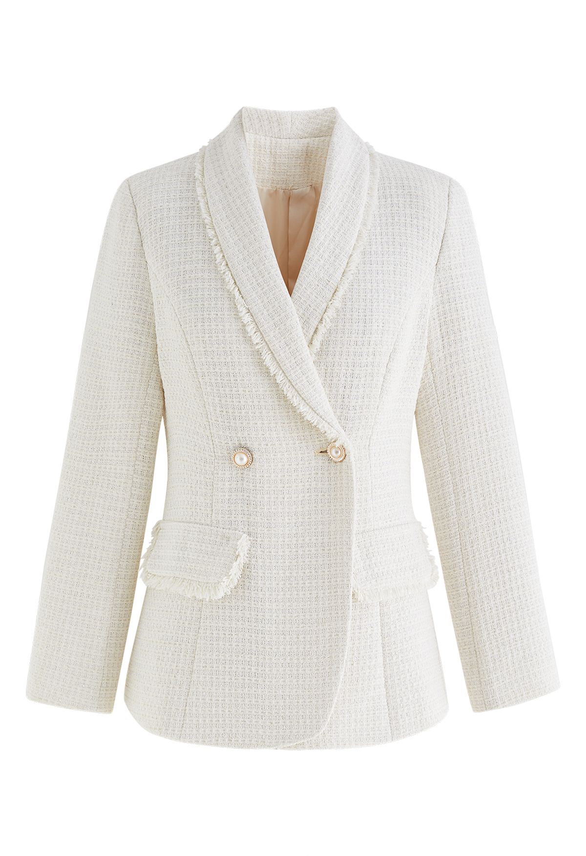 Shawl Collar Fringed Edge Tweed Blazer in Ivory