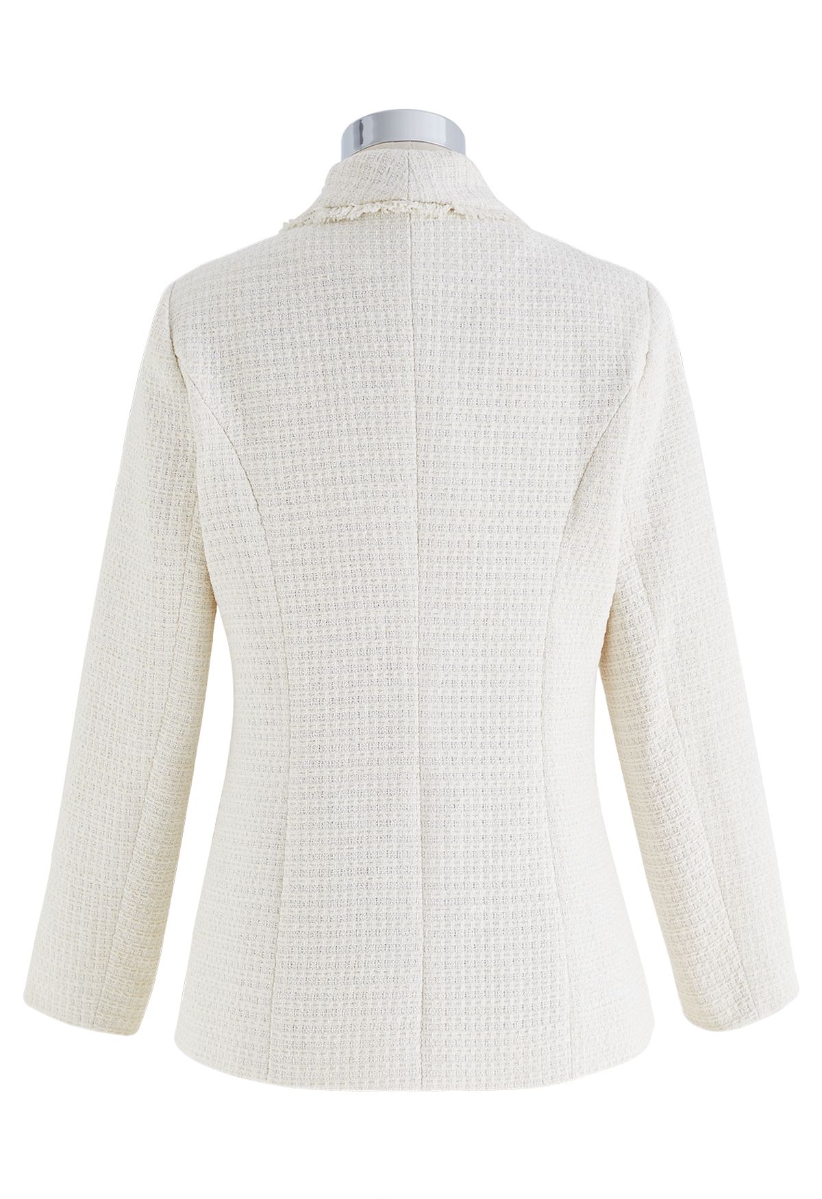 Shawl Collar Fringed Edge Tweed Blazer in Ivory