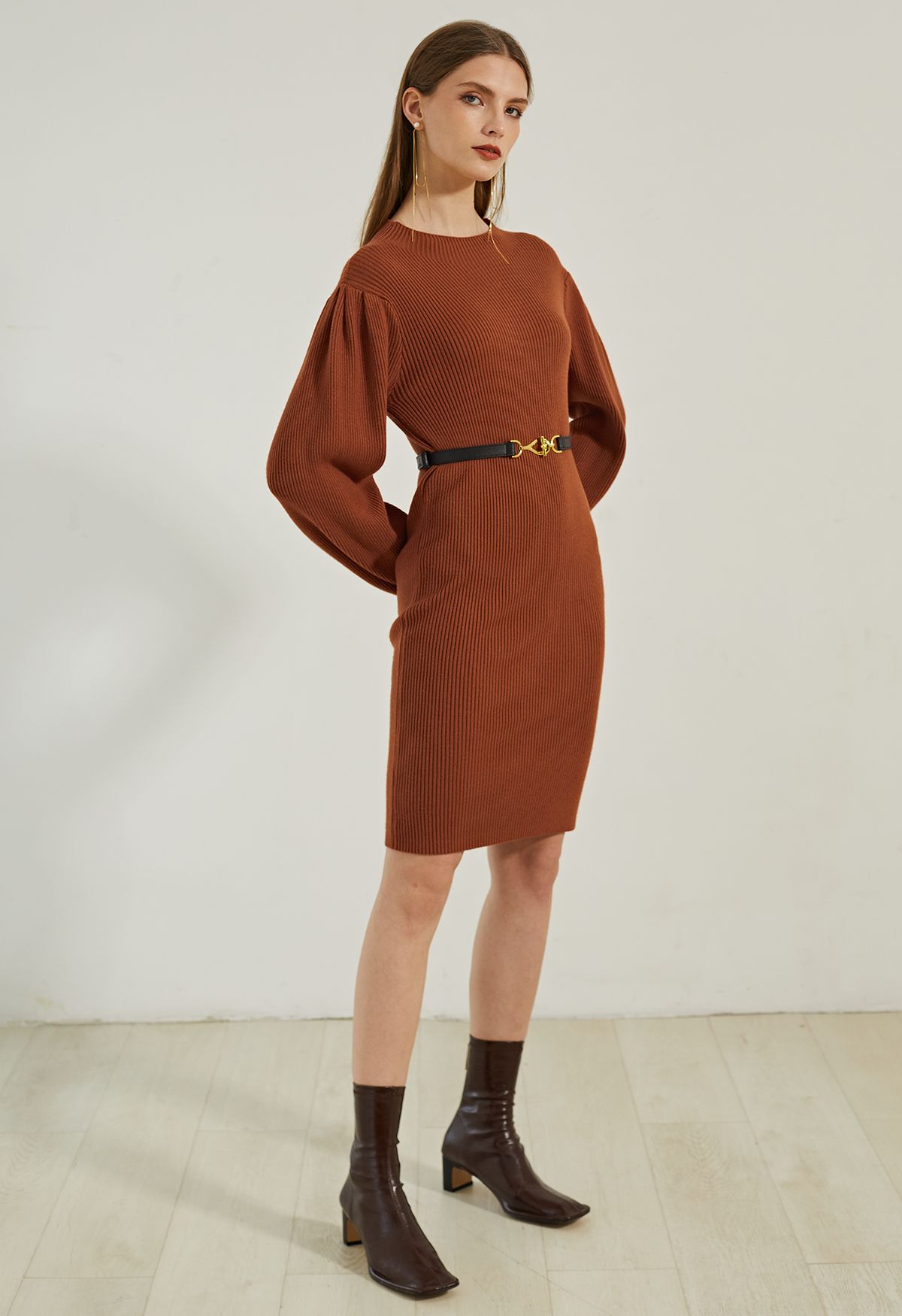 Lantern Sleeve Round Neck Ribbed Sweater Dress in Caramel