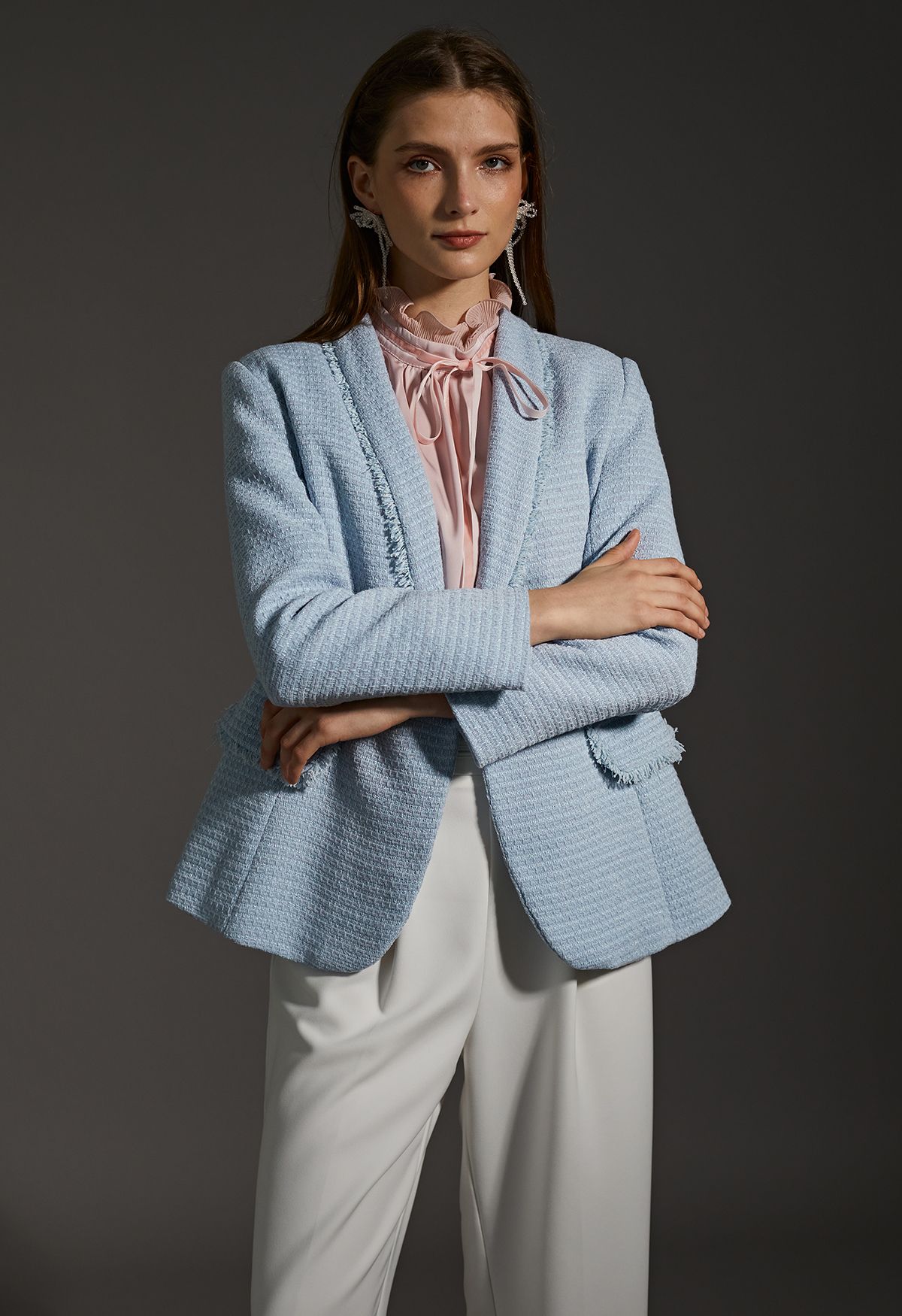 Shawl Collar Fringed Edge Tweed Blazer in Baby Blue